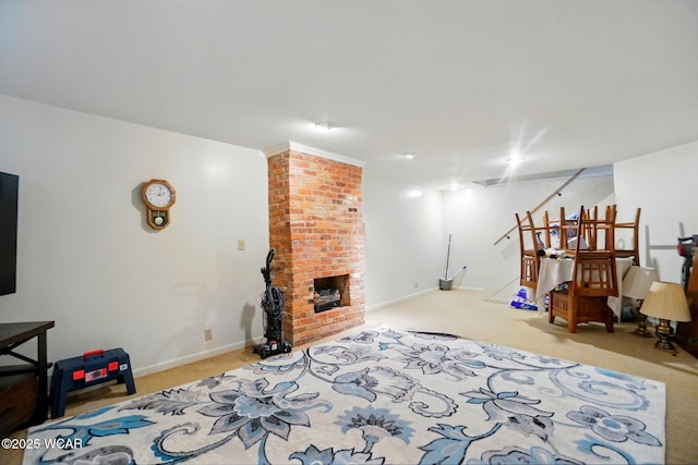 living area featuring carpet, baseboards, and a fireplace