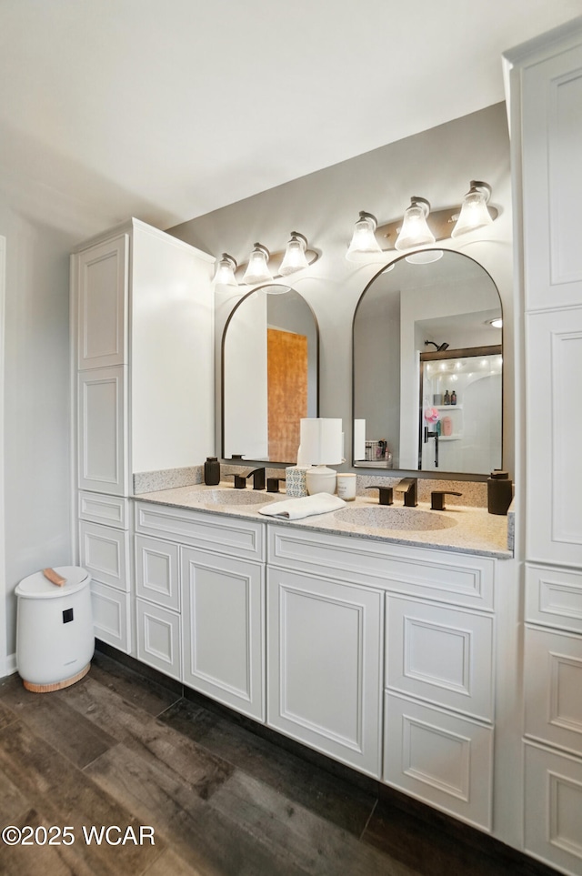 bathroom featuring wood finished floors and double vanity