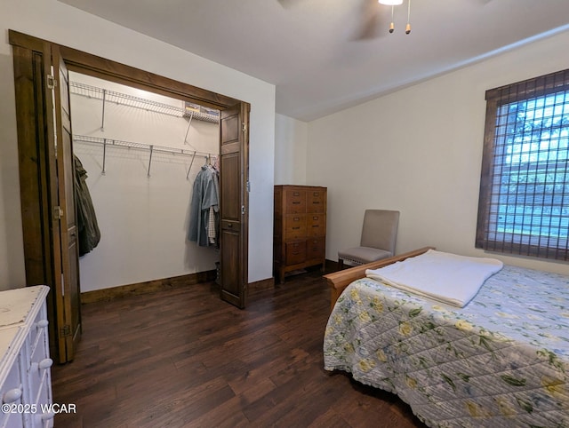 bedroom featuring a closet, baseboards, and dark wood-type flooring