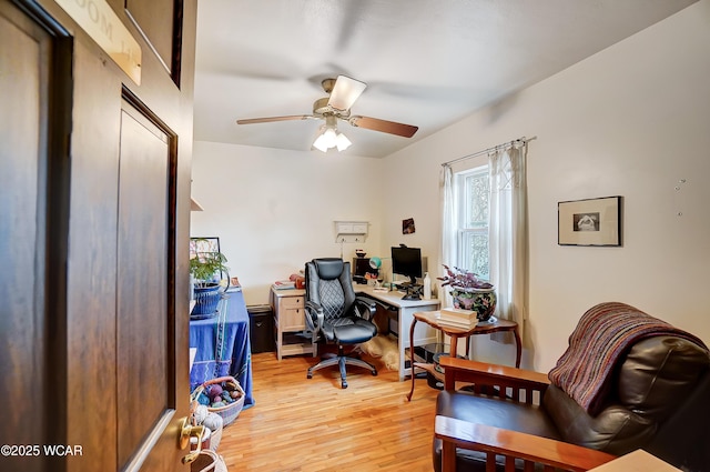 home office with a ceiling fan and light wood-style floors
