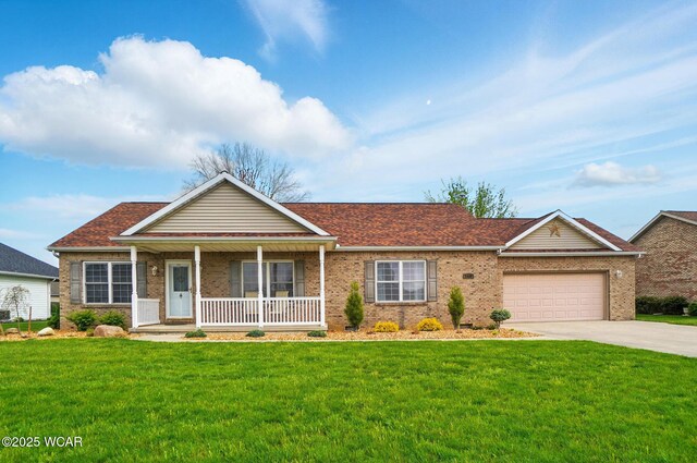 1330 Christina St, Delphos, OH 45833 - single story home featuring covered porch, a front lawn, an attached garage, and brick siding