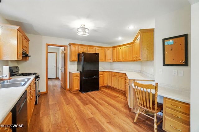 1330 Christina St, Delphos, OH 45833 - kitchen featuring freestanding refrigerator, a sink, light wood finished floors, light countertops, and under cabinet range hood