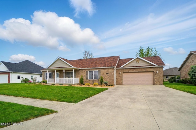 1330 Christina St, Delphos, OH 45833 - ranch-style house featuring brick siding, concrete driveway, a front yard, covered porch, and an attached garage