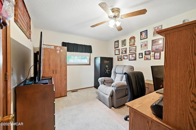 10815 Holdgreve Rd, Delphos, OH 45833 - home office featuring a ceiling fan, light colored carpet, and a textured ceiling