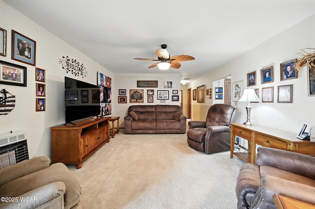 10815 Holdgreve Rd, Delphos, OH 45833 - living room featuring light carpet, ceiling fan, and heating unit