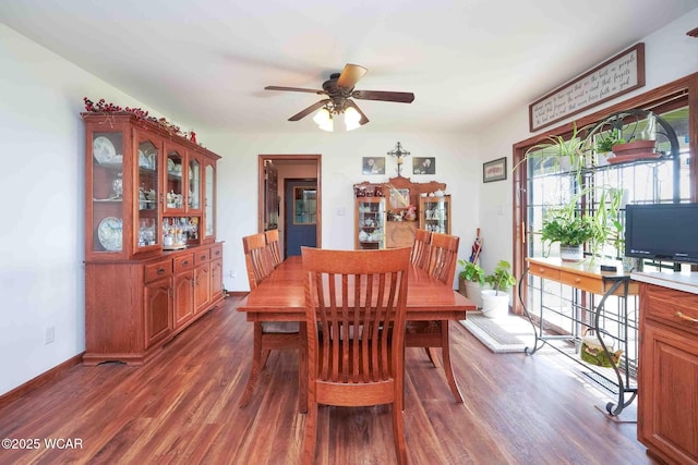 14351 Rd 19, Fort Jennings, OH 45844 - dining space with dark wood-style flooring, ceiling fan, and baseboards