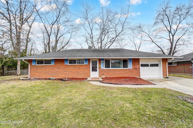 single story home featuring brick siding, roof with shingles, concrete driveway, an attached garage, and a front yard