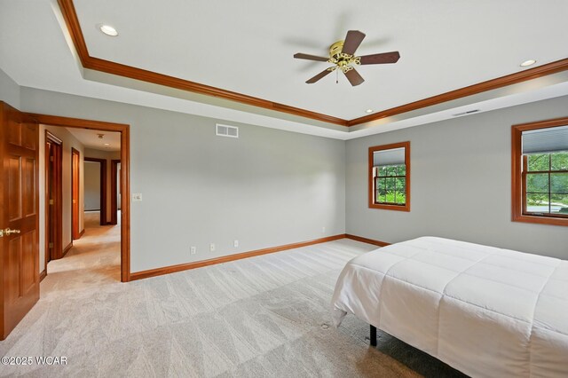 4860 Wenatchi Trl, Lima, OH 45805 - bedroom with a raised ceiling, light colored carpet, recessed lighting, crown molding, and a ceiling fan