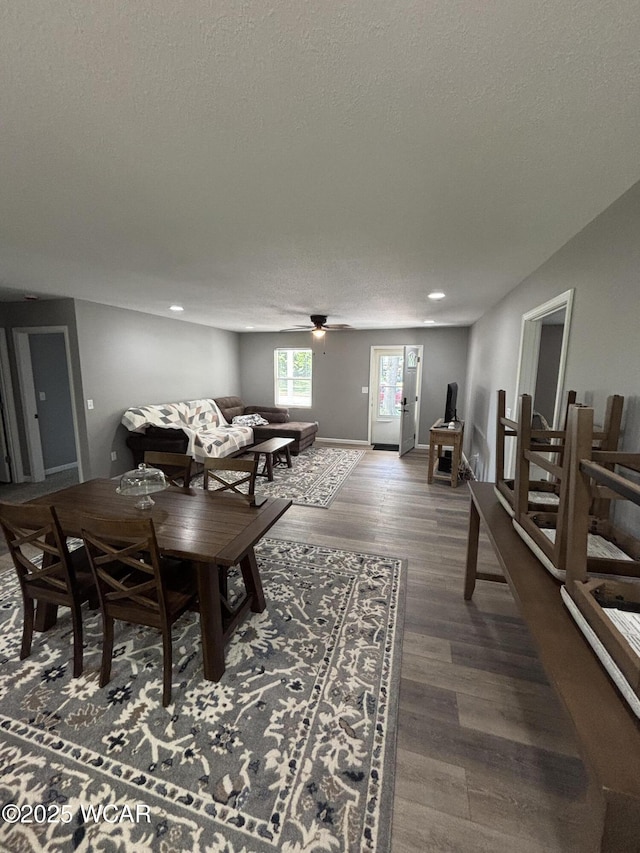 1012 Sherman Ave, Lima, OH 45801 - dining room featuring a ceiling fan, wood finished floors, a textured ceiling, and recessed lighting
