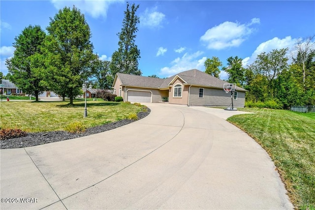 ranch-style home with a garage and a front yard