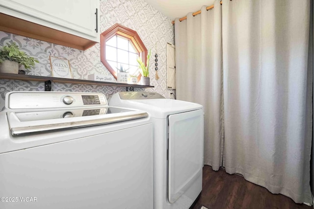 16070 Rd S, Columbus Grove, OH 45830 - laundry room with wallpapered walls, cabinet space, washer and dryer, and dark wood-type flooring