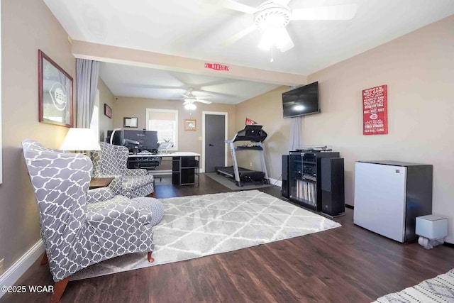 16070 Rd S, Columbus Grove, OH 45830 - living area with ceiling fan, dark wood-style floors, baseboards, and a desk