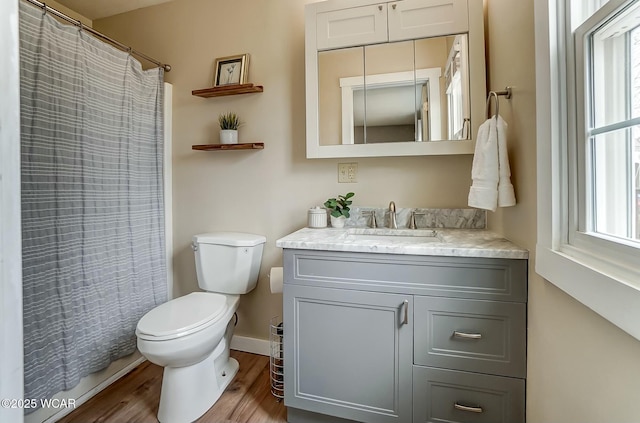 full bath with wood finished floors, vanity, toilet, and a healthy amount of sunlight