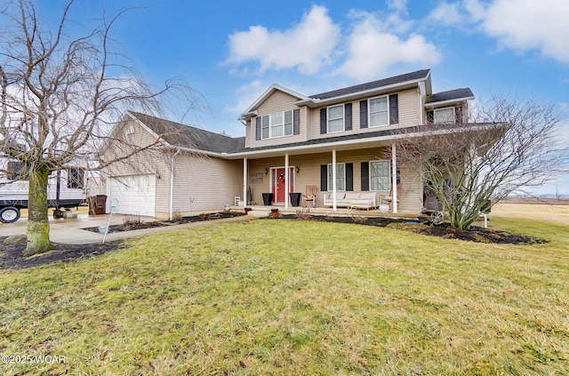 view of front of home with a porch, a garage, and a front lawn