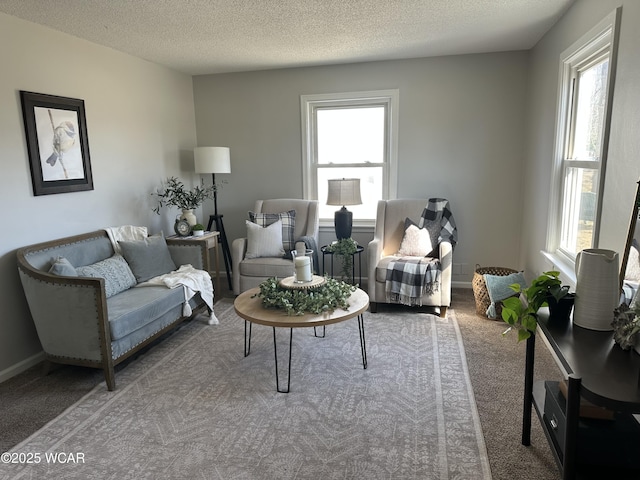 living room featuring a wealth of natural light, carpet flooring, a textured ceiling, and baseboards