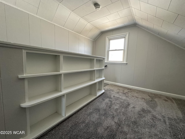 additional living space with baseboards, lofted ceiling, and carpet flooring