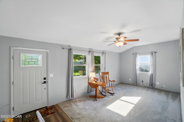 2432 Kunneke Ave, Lima, OH 45805 - carpeted entrance foyer featuring a ceiling fan, vaulted ceiling, and wood finished floors