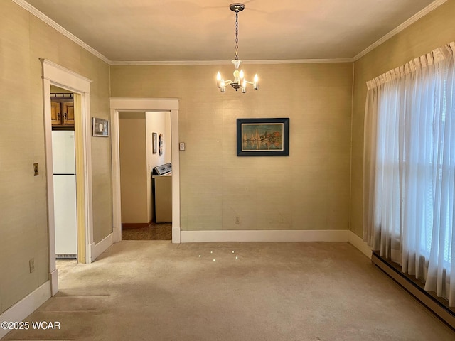 unfurnished room featuring an inviting chandelier, light colored carpet, ornamental molding, and baseboard heating