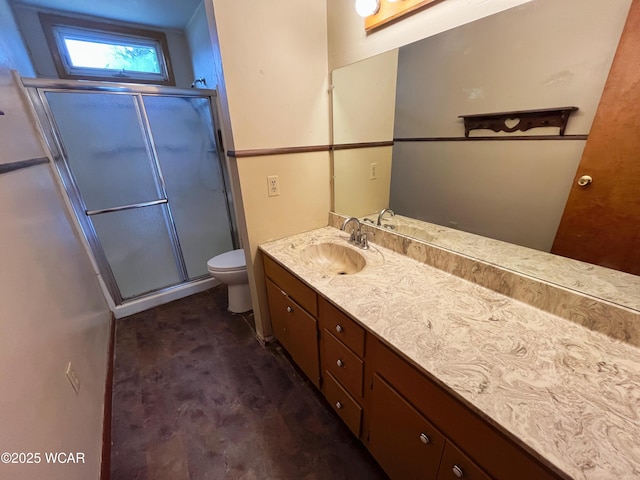 bathroom featuring toilet, a shower stall, and vanity