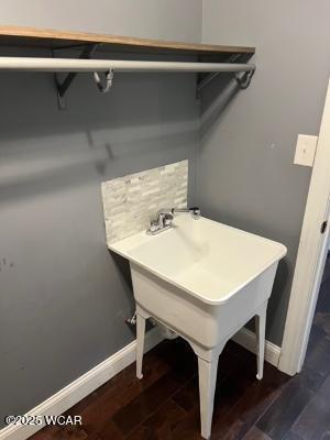 clothes washing area featuring sink and dark hardwood / wood-style floors