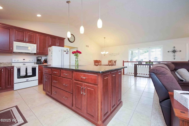 17210 State Route 694, Ottawa, OH 45875 - kitchen with white appliances, dark brown cabinets, light tile patterned floors, a chandelier, and open floor plan