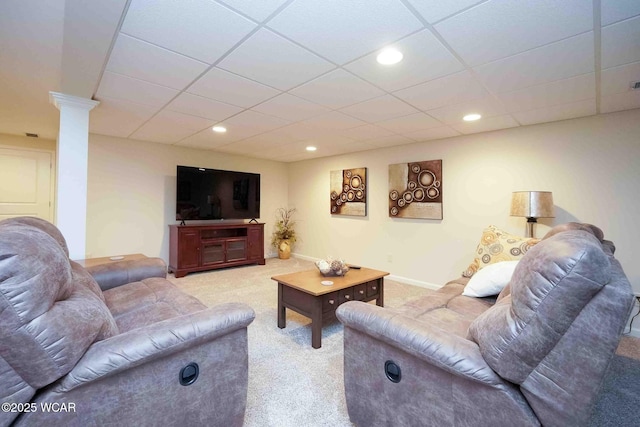 17210 State Route 694, Ottawa, OH 45875 - living room with light colored carpet, a drop ceiling, recessed lighting, decorative columns, and baseboards