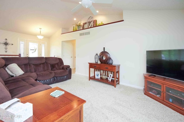 17210 State Route 694, Ottawa, OH 45875 - living room with vaulted ceiling, carpet flooring, ceiling fan, and baseboards