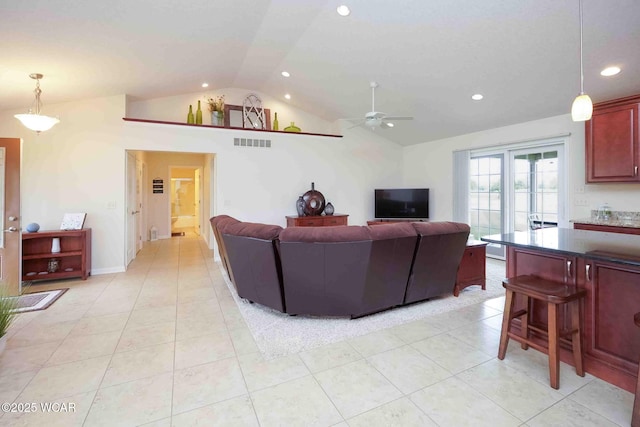 17210 State Route 694, Ottawa, OH 45875 - living area with lofted ceiling, ceiling fan, recessed lighting, and light tile patterned flooring