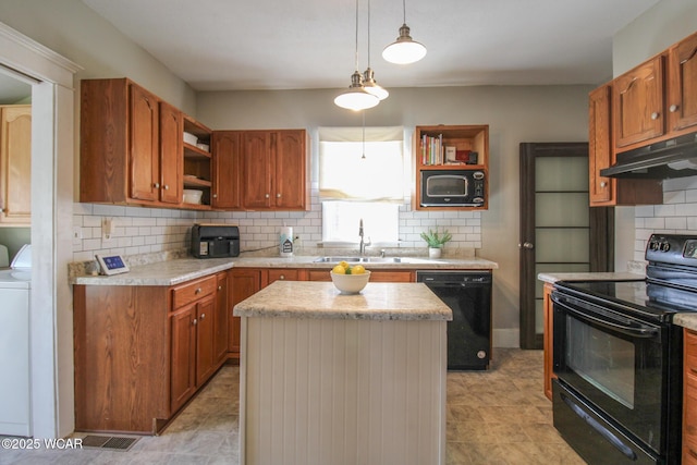 kitchen with open shelves, black appliances, under cabinet range hood, and a sink