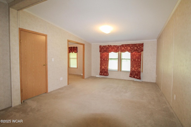 empty room with crown molding and light colored carpet