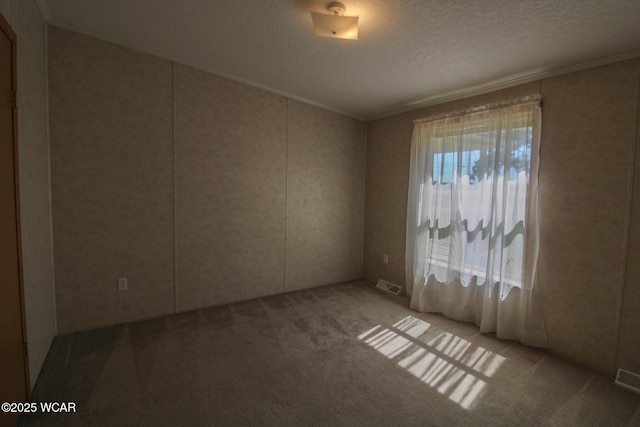 spare room with a textured ceiling, a healthy amount of sunlight, visible vents, and ornamental molding
