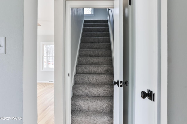 stairway featuring a wealth of natural light and wood finished floors