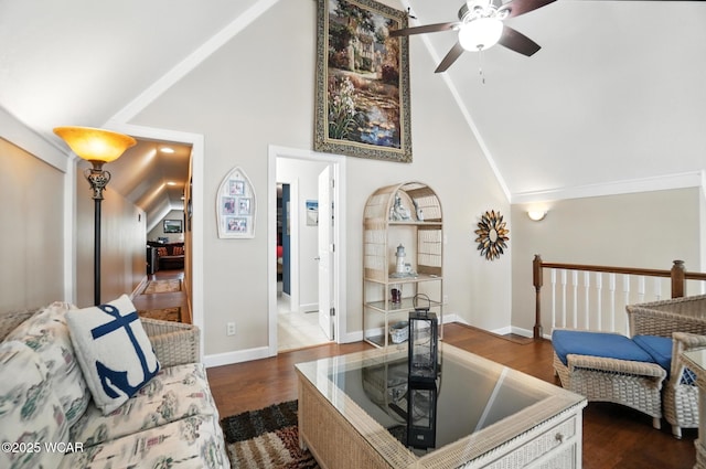 7407 Mingo Way, Russells Point, OH 43348 - living area with ceiling fan, high vaulted ceiling, and dark wood-style floors