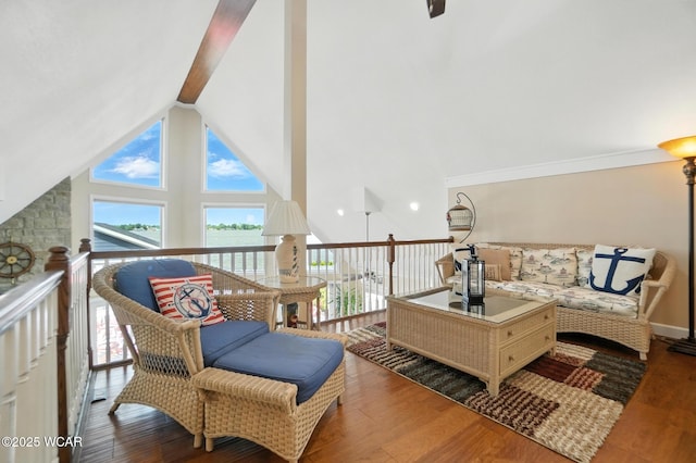 7407 Mingo Way, Russells Point, OH 43348 - living area with wood finished floors, beamed ceiling, and high vaulted ceiling