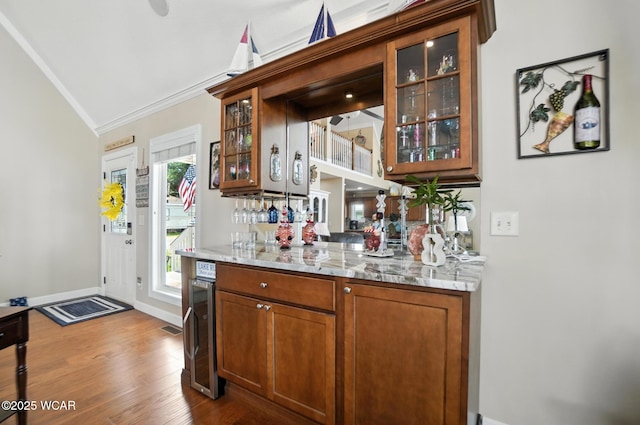 7407 Mingo Way, Russells Point, OH 43348 - indoor wet bar featuring ornamental molding, dark wood-style floors, and lofted ceiling