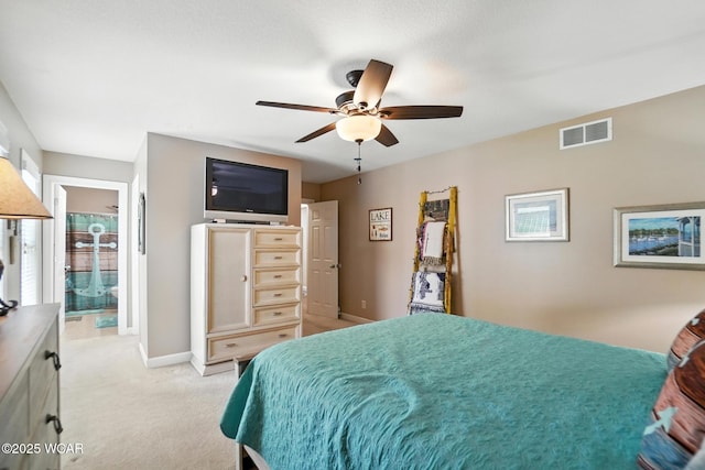 7407 Mingo Way, Russells Point, OH 43348 - bedroom with light carpet, a ceiling fan, and connected bathroom