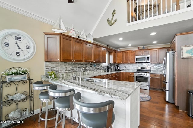 7407 Mingo Way, Russells Point, OH 43348 - kitchen featuring appliances with stainless steel finishes, a peninsula, crown molding, light stone countertops, and backsplash