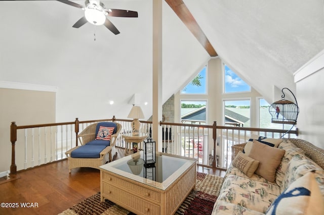 7407 Mingo Way, Russells Point, OH 43348 - living area featuring ceiling fan, wood finished floors, and high vaulted ceiling