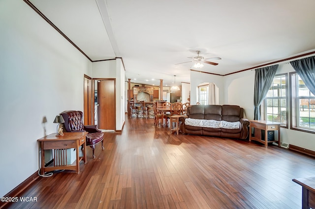 living room with ceiling fan, ornamental molding, wood-type flooring, and a wealth of natural light