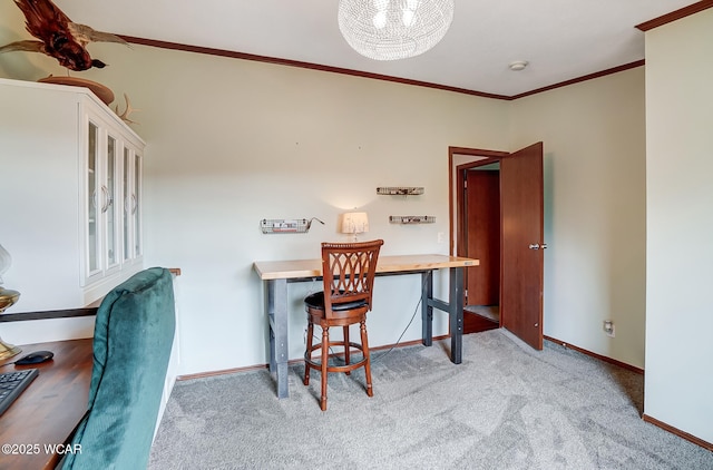 carpeted office featuring crown molding