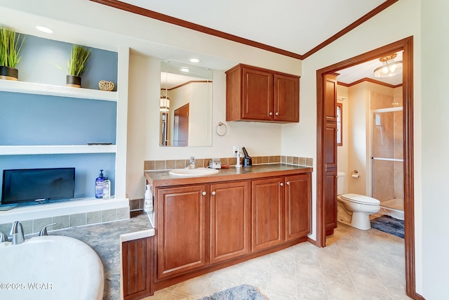 full bathroom with vanity, crown molding, plus walk in shower, and toilet