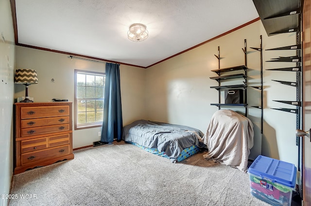 carpeted bedroom with crown molding