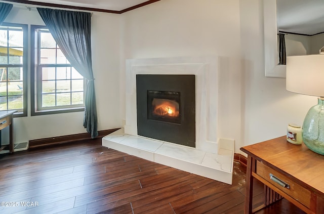 interior details featuring ornamental molding and wood-type flooring