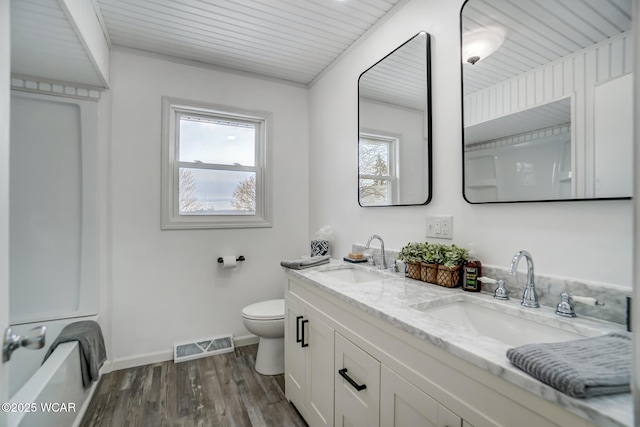 bathroom featuring wood-type flooring, toilet, a wealth of natural light, and vanity