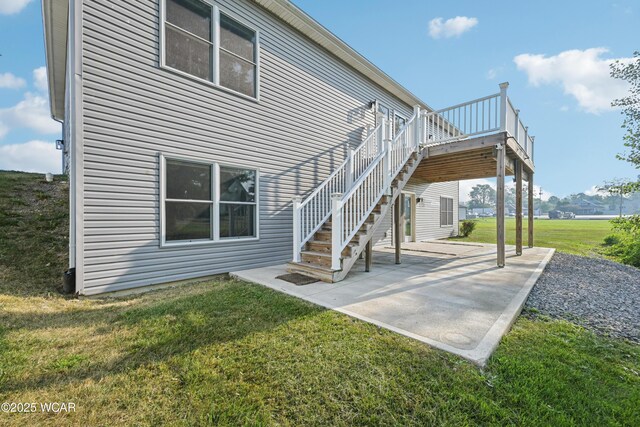 6856 Creekview Ct, Huntsville, OH 43324 - wooden terrace featuring an outdoor living space, a yard, an outbuilding, and a residential view