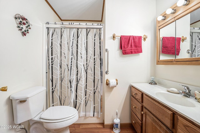 354 Stone Hedge Ln, Kenton, OH 43326 - full bathroom with vanity, a shower with curtain, and wood finished floors