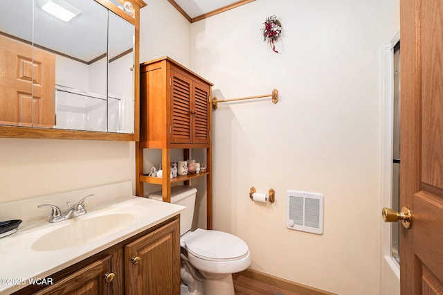 354 Stone Hedge Ln, Kenton, OH 43326 - bathroom with heating unit, vanity, crown molding, wood finished floors, and tub / shower combination