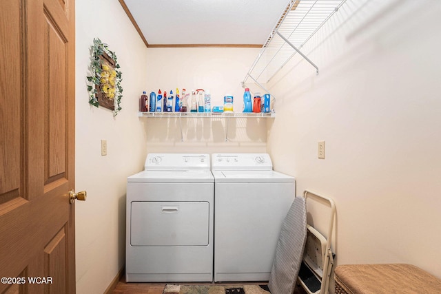 354 Stone Hedge Ln, Kenton, OH 43326 - washroom featuring separate washer and dryer and ornamental molding