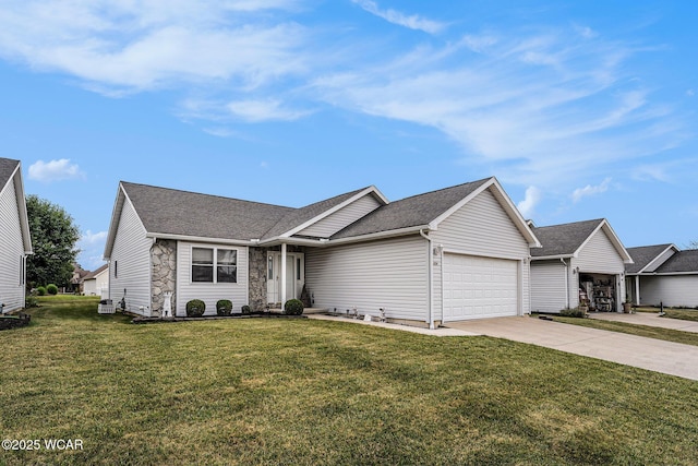 354 Stone Hedge Ln, Kenton, OH 43326 - ranch-style house with a garage, driveway, a front lawn, roof with shingles, and stone siding
