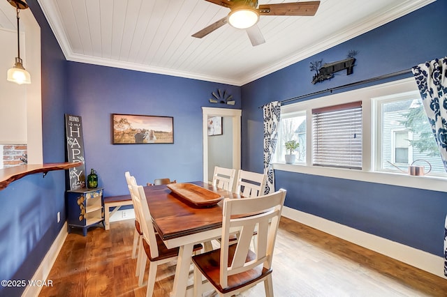 dining space with crown molding, ceiling fan, wood ceiling, and hardwood / wood-style flooring